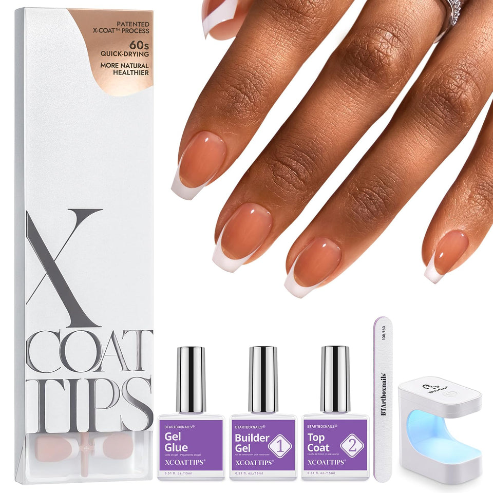 BTArtboxnails front packaging showing complete XCOATTIPS kit and contents benefit durability