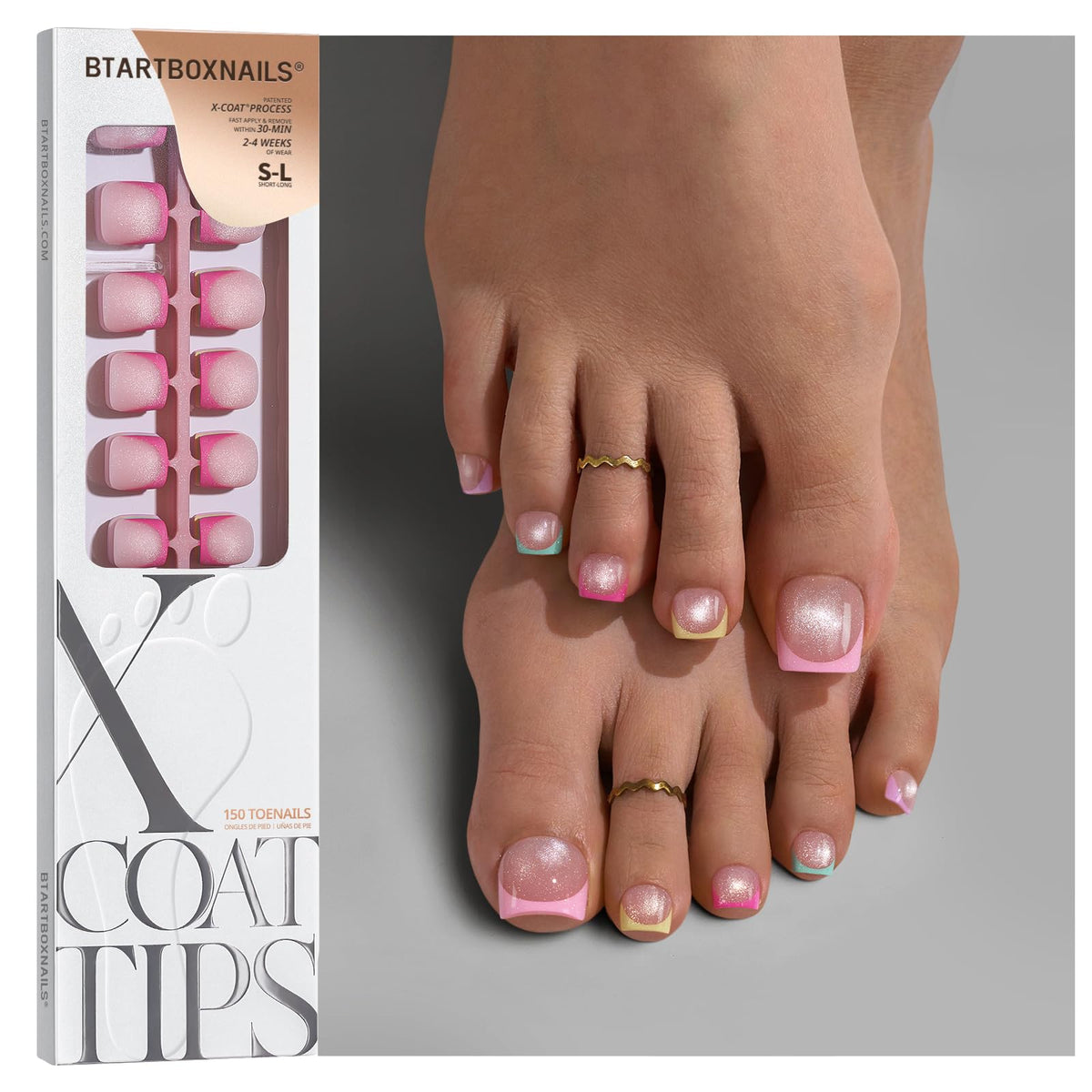 BTArtboxnails front packaging showing 150 press-on toenails and branding benefit convenience