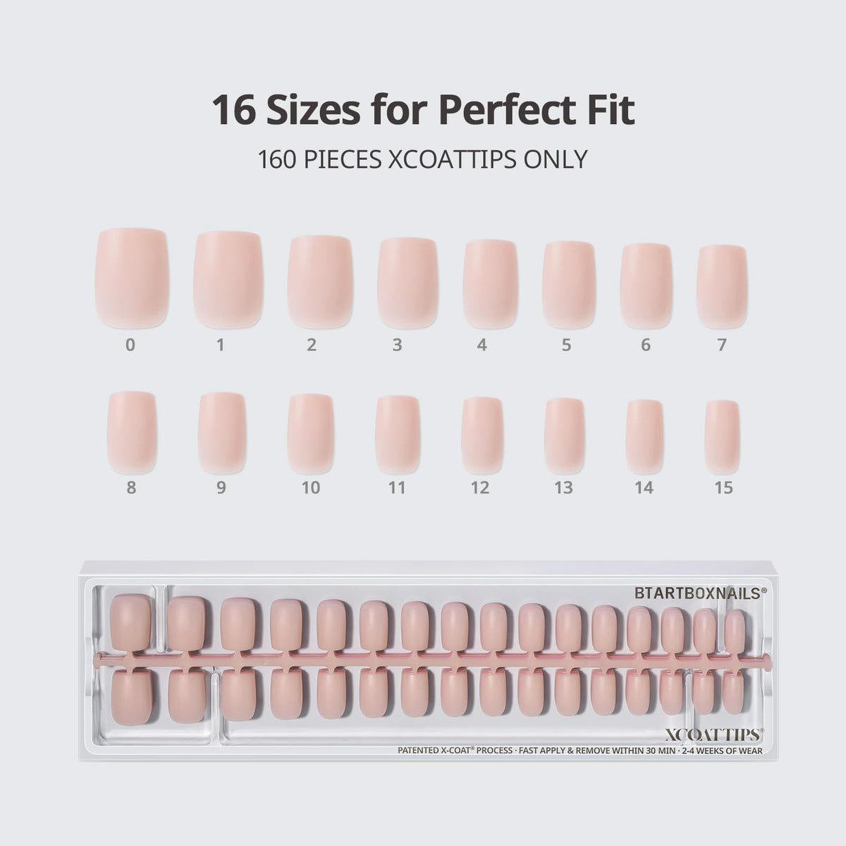 BTArtboxnails label and size chart detail highlighting included 160 nails and shade names