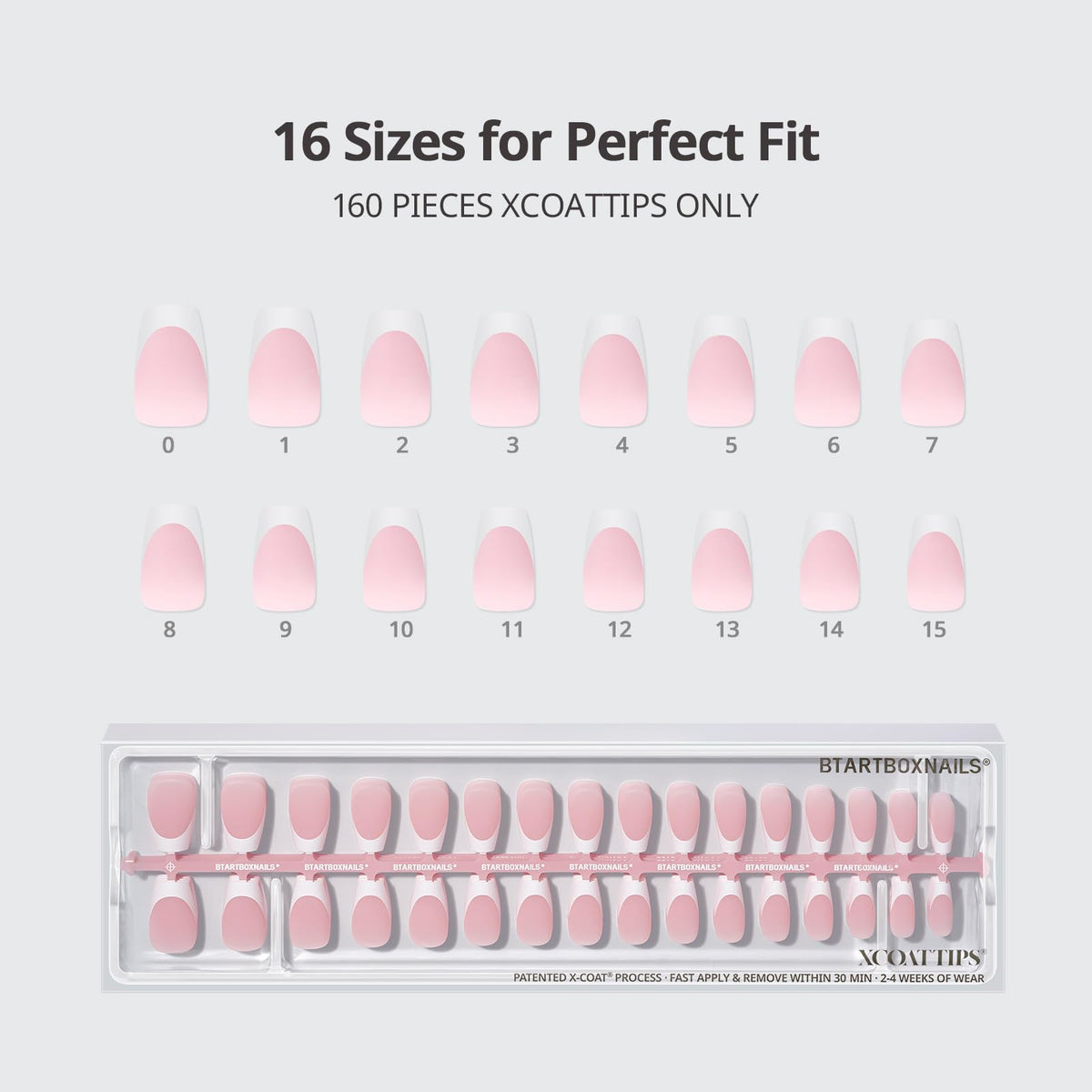 BTArtboxnails product label and size chart highlighting 160 sizes for precise fit benefit