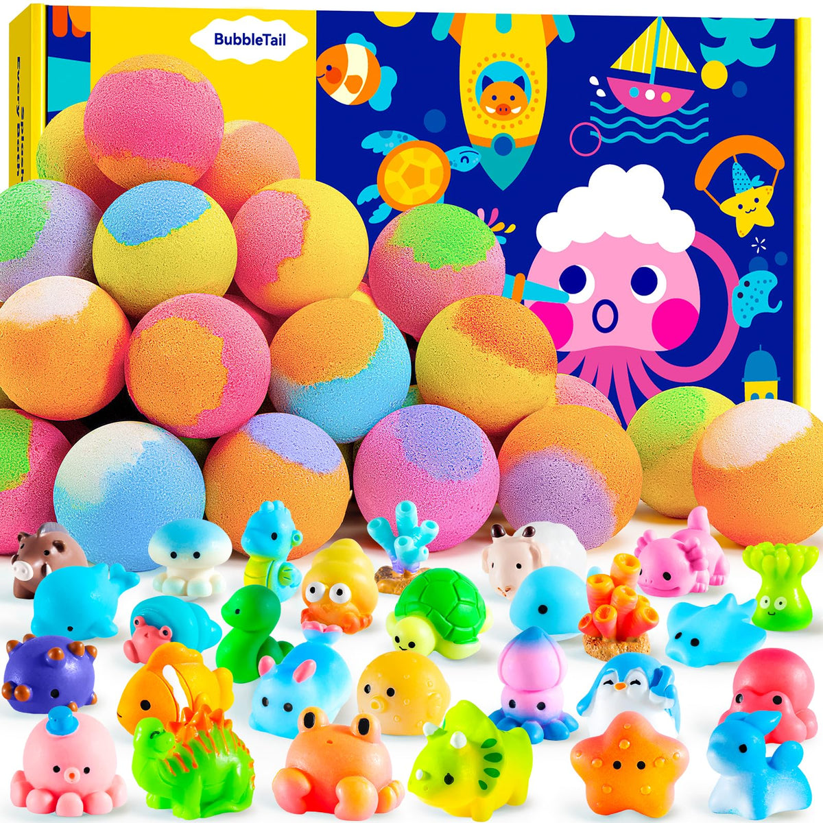 BubbleTail front packaging showing colorful bath bomb assortment and toys, fun gift-ready box