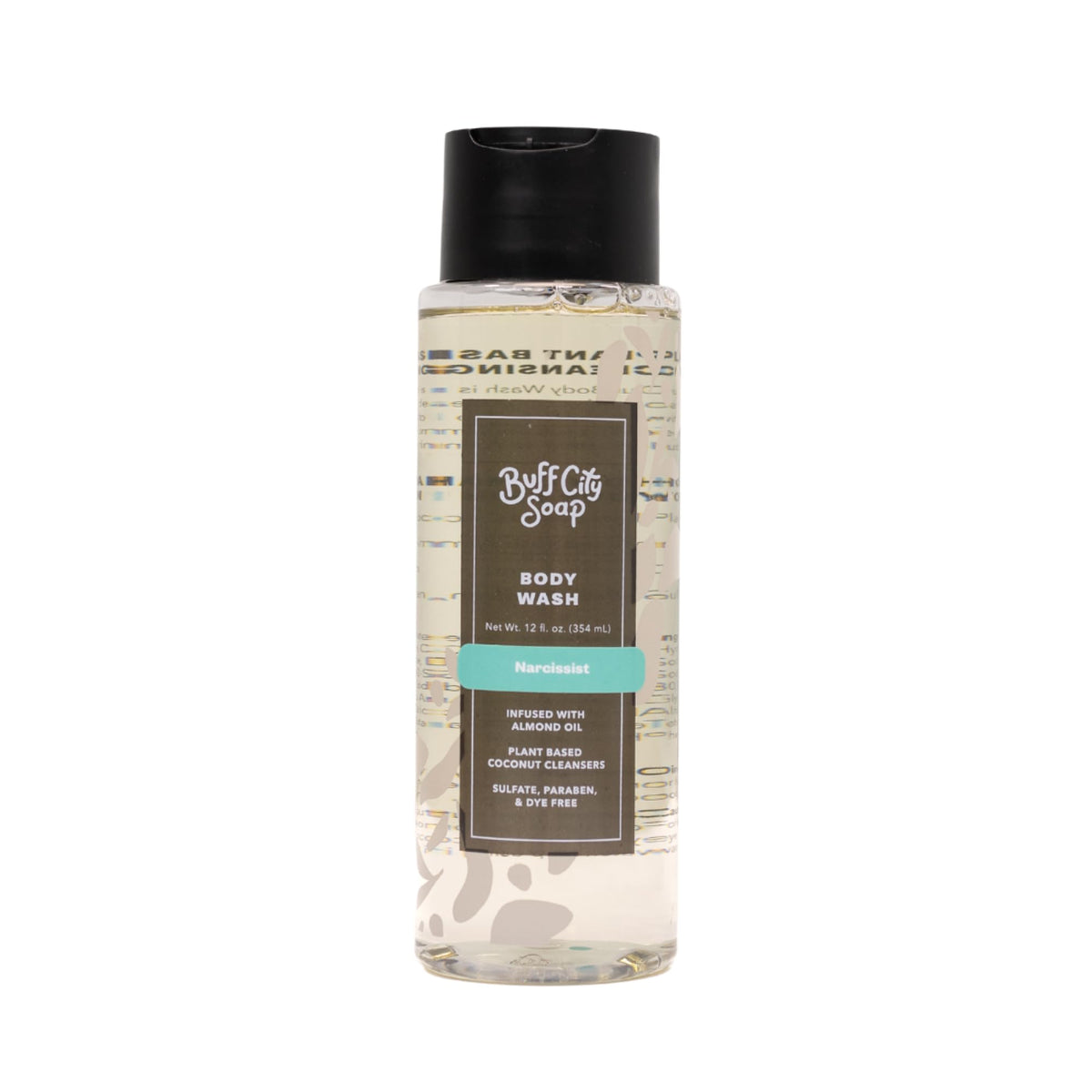 Buff City Soap front packaging showing Narcissist bottle and label benefits