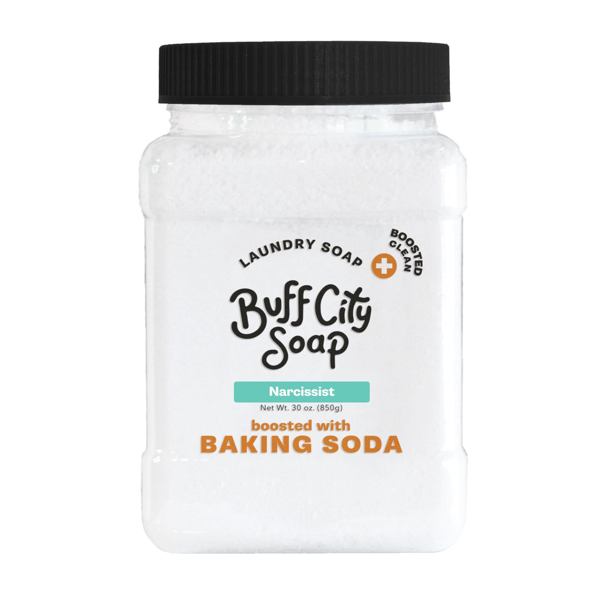 Buff City Soap front packaging showing Narcissist bar and benefit of concentrated cleaning