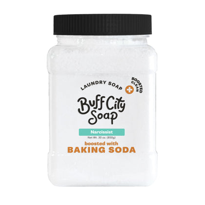 Buff City Soap front packaging showing Narcissist bar and benefit of concentrated cleaning