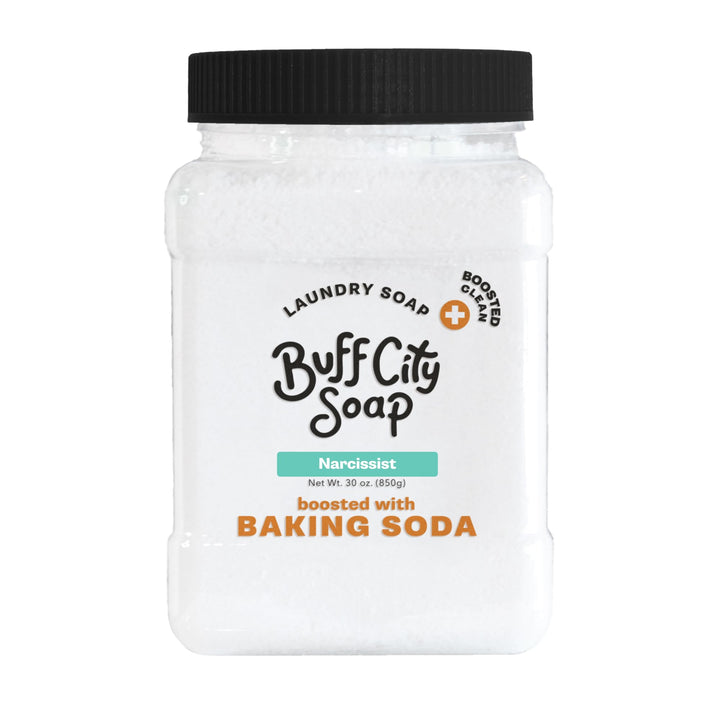 Buff City Soap front packaging showing Narcissist bar and benefit of concentrated cleaning