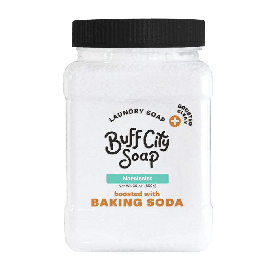 Buff City Soap front packaging showing Narcissist bar and benefit of concentrated cleaning