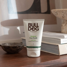 Bulldog Original face scrub texture in jar showing exfoliating beads for smoother skin benefit