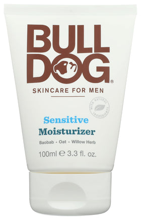 Bulldog front packaging of sensitive moisturizer showing clean design and benefits