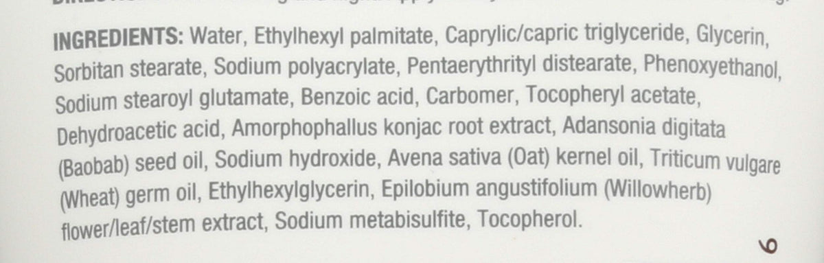 Bulldog ingredient label highlighting baobab, oat oil, and willow herb benefits