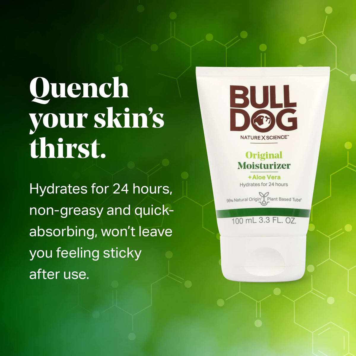 Bulldog product label close-up listing aloe vera and green tea benefits