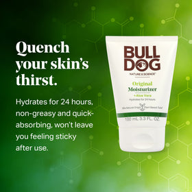 Bulldog product label close-up listing aloe vera and green tea benefits