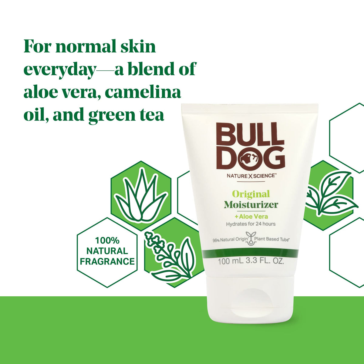 Bulldog moisturizer in hand demonstrating 3.3 oz size and portable convenience