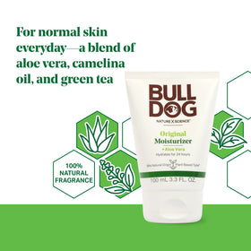 Bulldog moisturizer in hand demonstrating 3.3 oz size and portable convenience