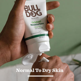 Bulldog Skincare for Men lotion on hand demonstrating easy spread and hydration benefit