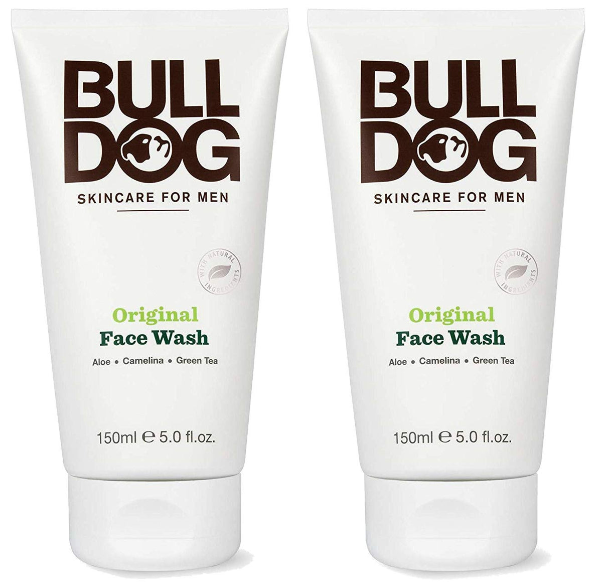 Bulldog front packaging showing twin face wash tubes and clear labeling for convenience