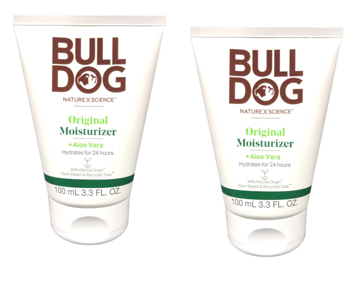 Bulldog Skincare front packaging showing dual bottles and travel-friendly size benefits