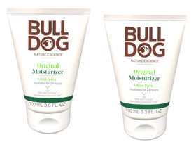 Bulldog Skincare front packaging showing dual bottles and travel-friendly size benefits