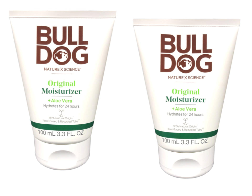 Bulldog Skincare front packaging showing dual bottles and travel-friendly size benefits