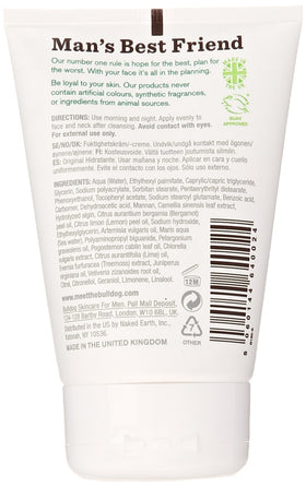 Bulldog Skincare texture close-up of pale cream on fingertip showing lightweight absorbency and hydrating finish