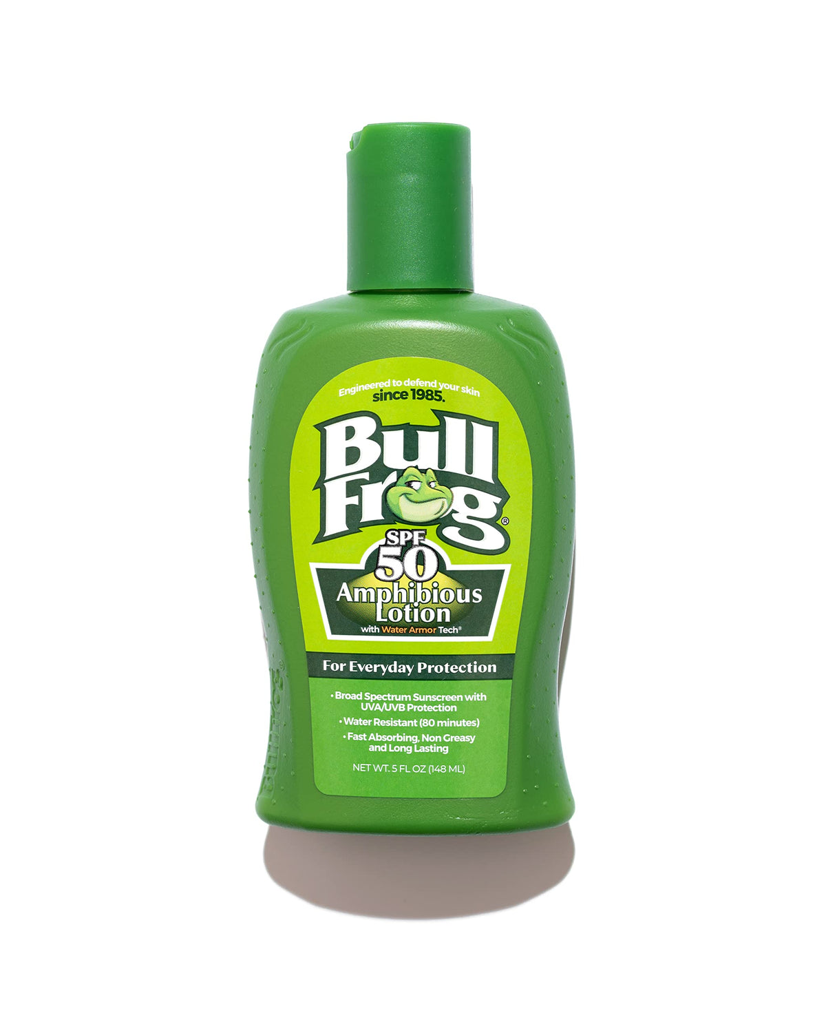 Bullfrog Amphibious front packaging showing SPF 50 protection and benefits