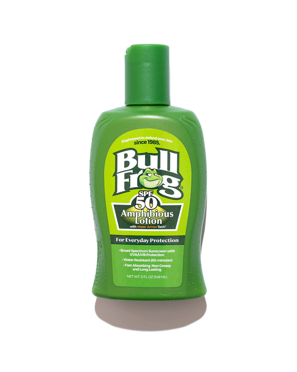Bullfrog Amphibious front packaging showing SPF 50 protection and benefits
