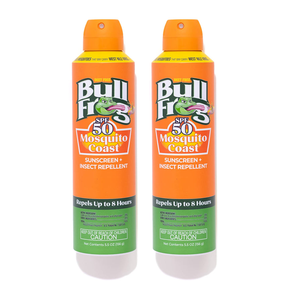 Bullfrog Mosquito Coast front packaging showing SPF50 and repellent benefits