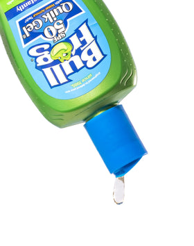 Bullfrog Quik Gel label close-up emphasizing reef-friendly, oxybenzone-free formula
