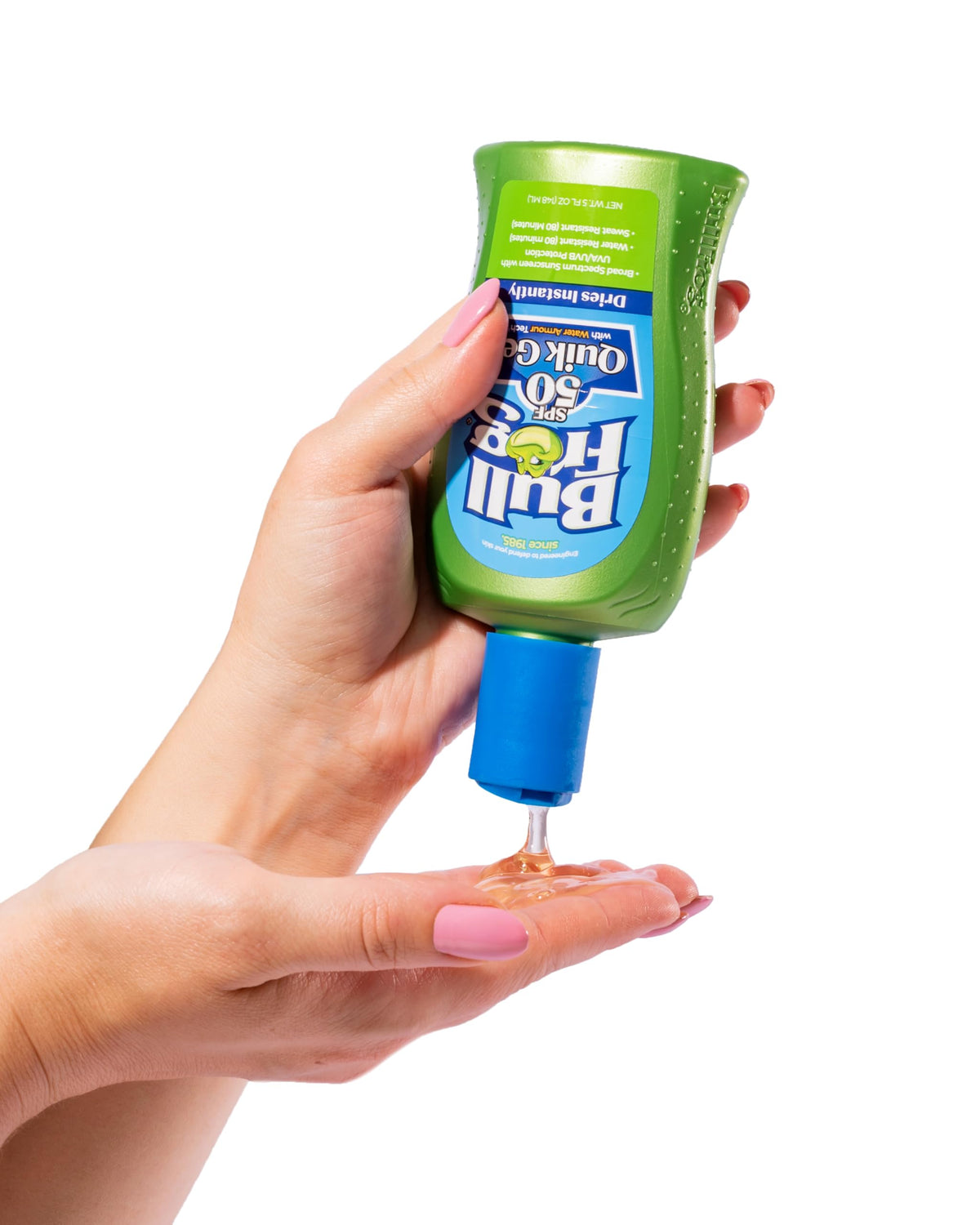 Bullfrog Quik Gel in beach setting showing sweat-resistant protection during outdoor activity