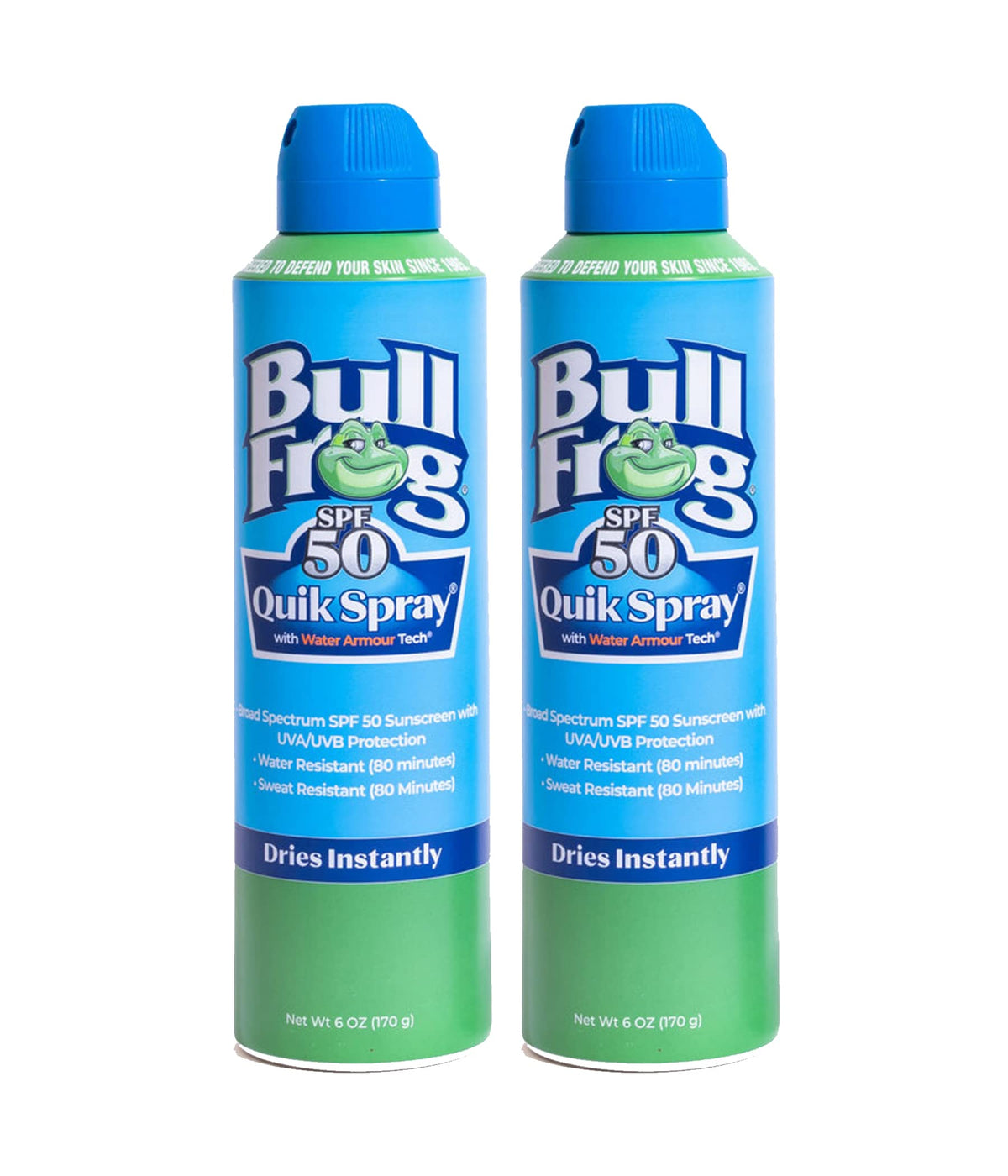 Bullfrog Quik Spray front packaging showing SPF 50 protection and two-pack benefit