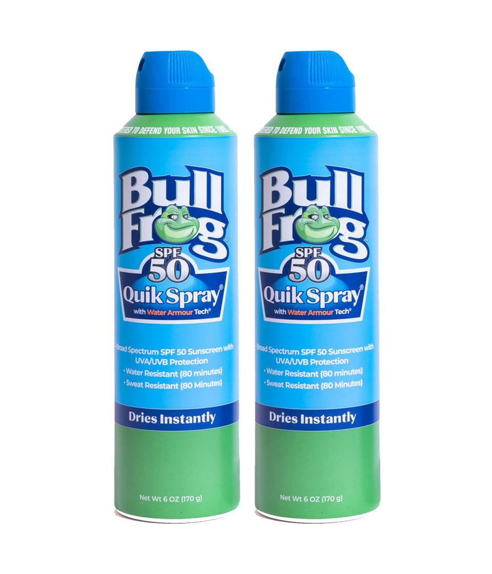 Bullfrog Quik Spray front packaging showing SPF 50 protection and two-pack benefit