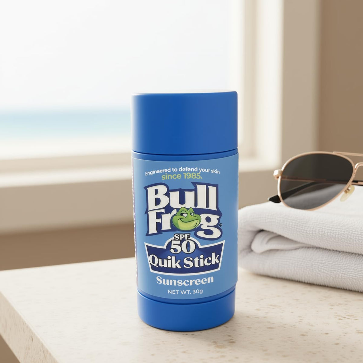 Bullfrog Quik Stick in hand applying to face for precise, mess-free protection
