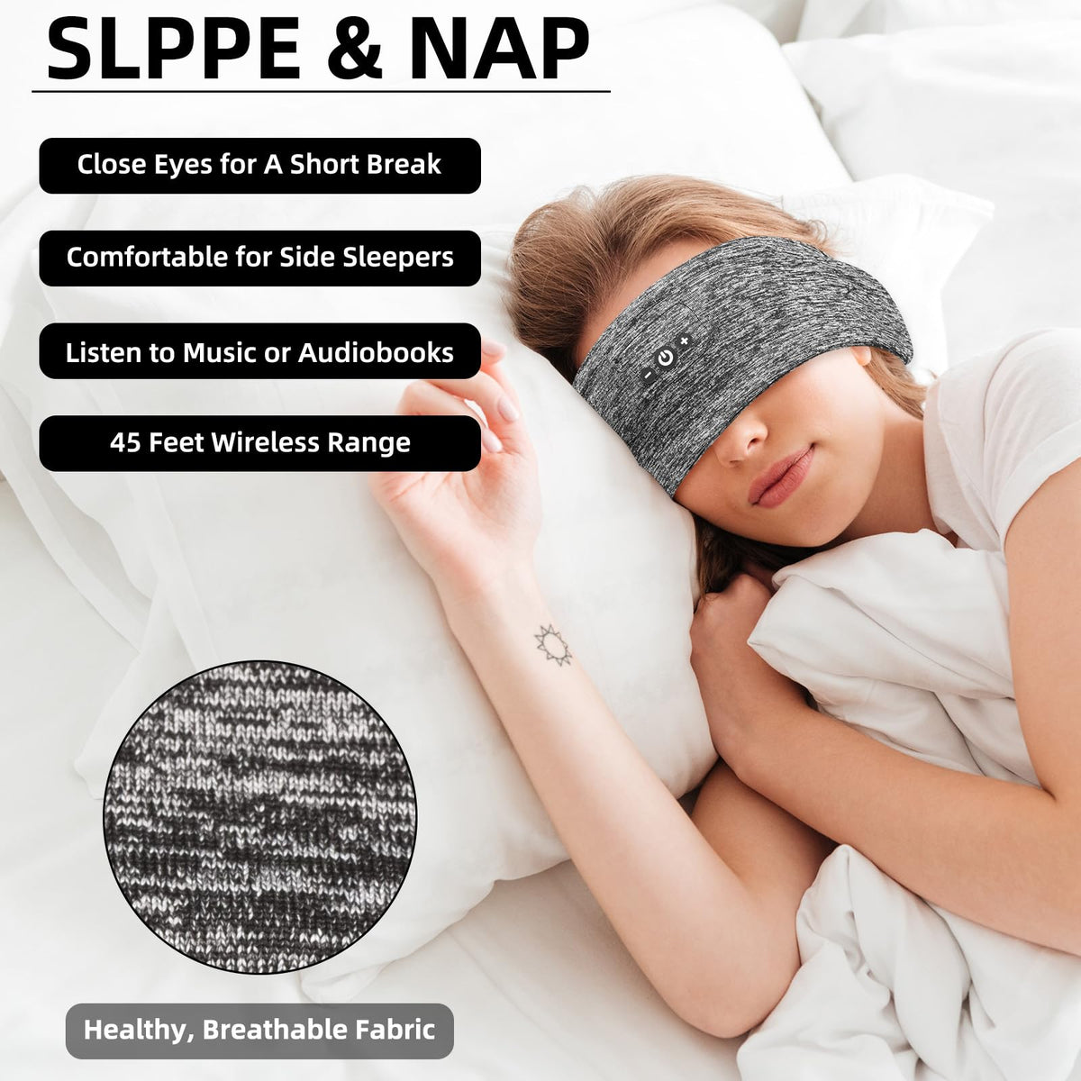 BULYPAZY side sleeper wearing headband on pillow for comfortable audio