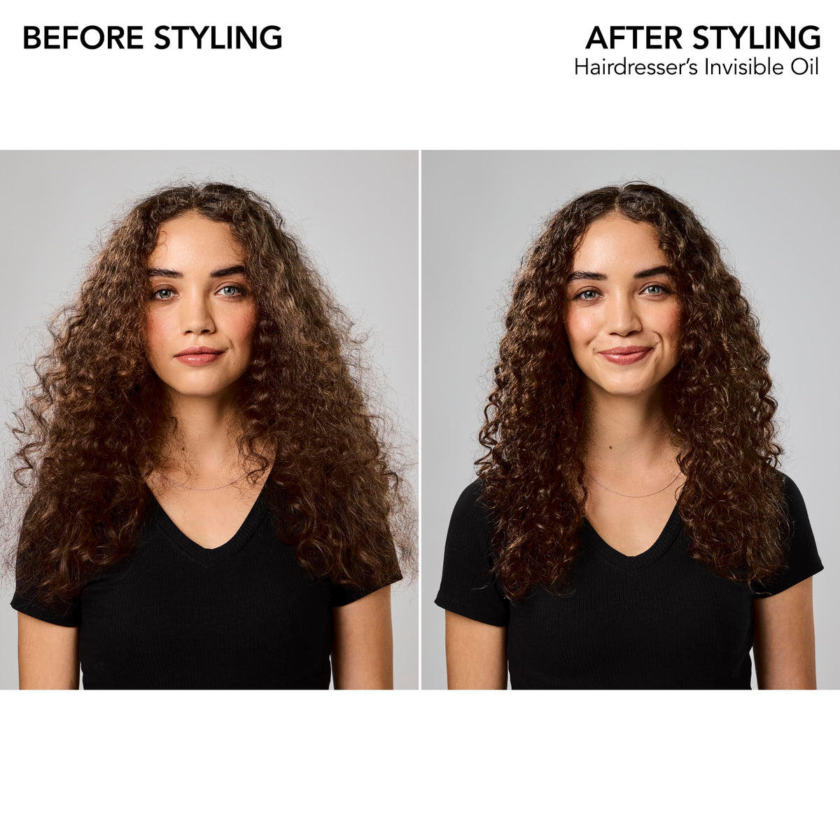 Bumble and bumble before-and-after hair showing reduced frizz and shine