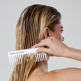 Bumble and bumble before and after hair showing reduced frizz and shine