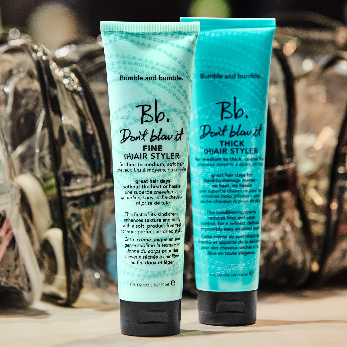Bumble and bumble on bathroom counter in lifestyle scene for everyday styling