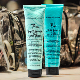 Bumble and bumble on bathroom counter in lifestyle scene for everyday styling