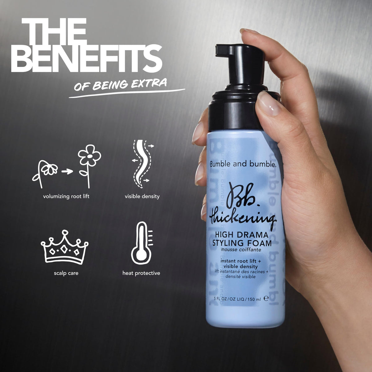 Bumble and bumble application to roots in hand demonstrating instant lift