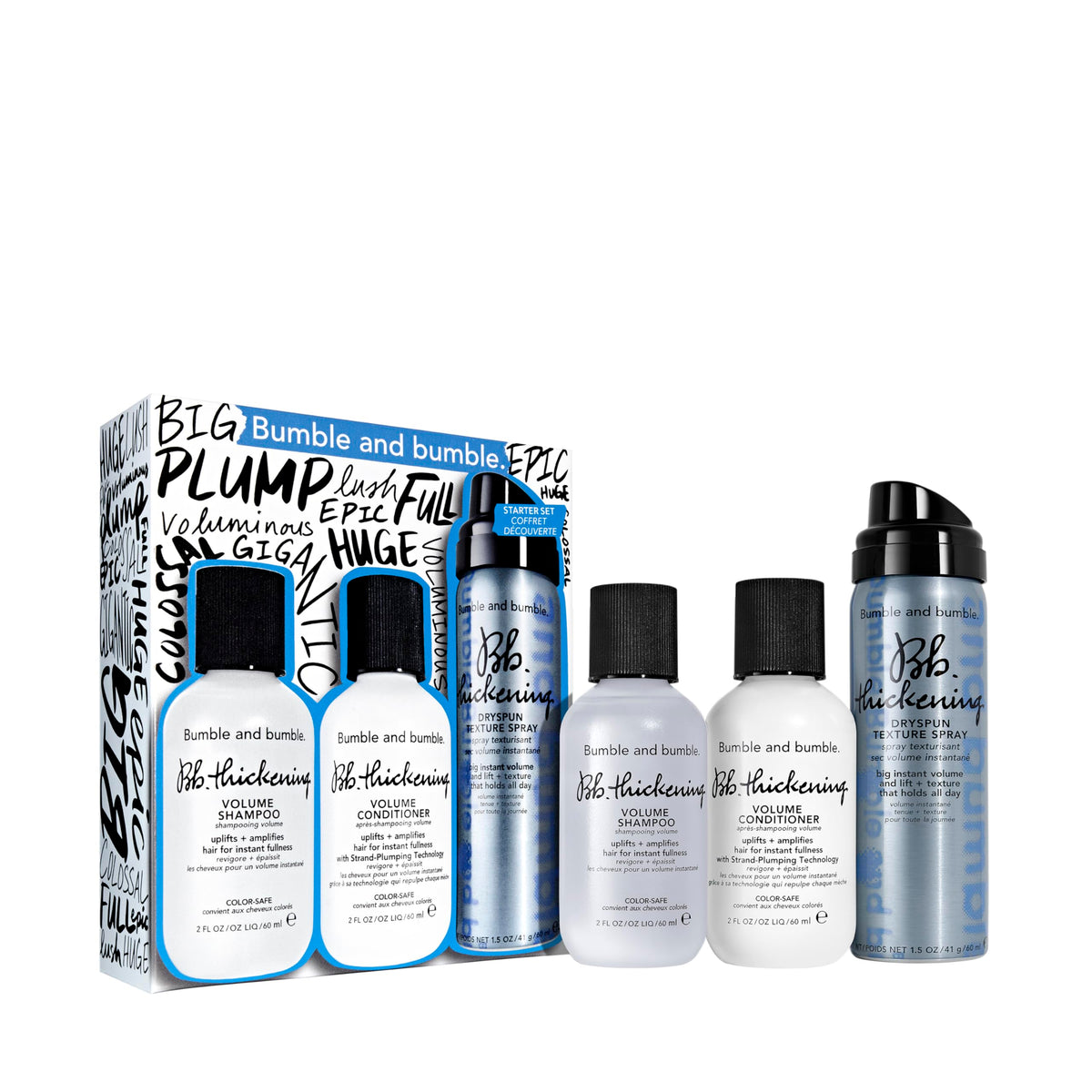 Bumble and bumble front packaging showing full travel set and easy portability