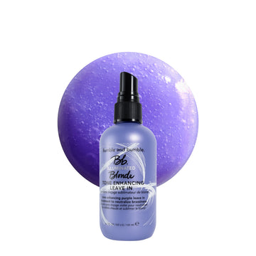 Bumble and bumble front bottle view showing purple leave-in spray benefits