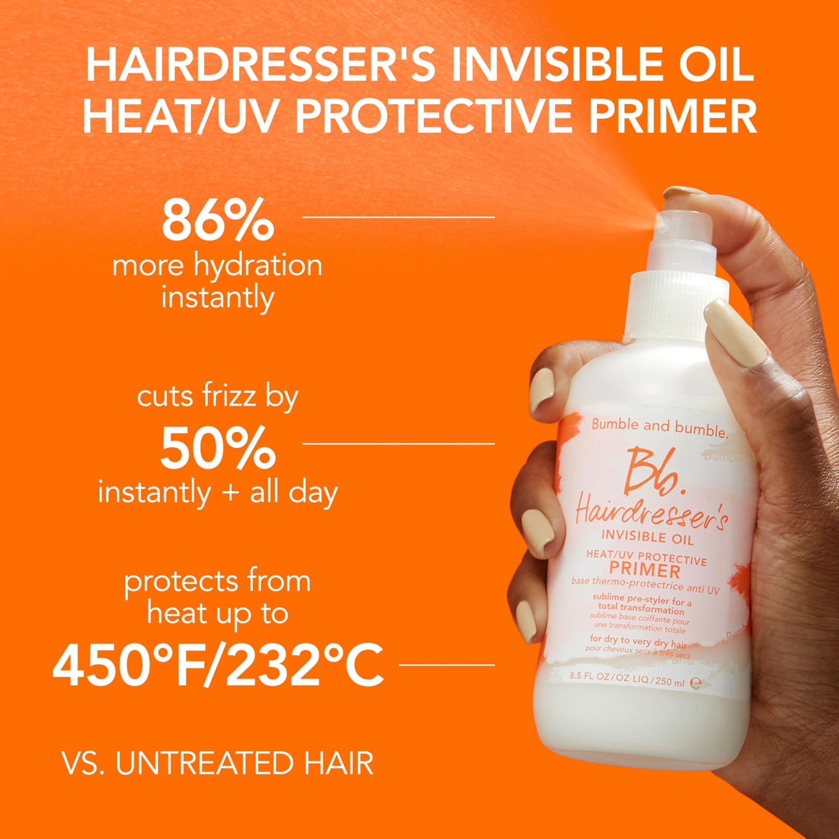 Bumble and bumble leave-in primer spray applied to hair demonstrating heat and frizz protection benefits