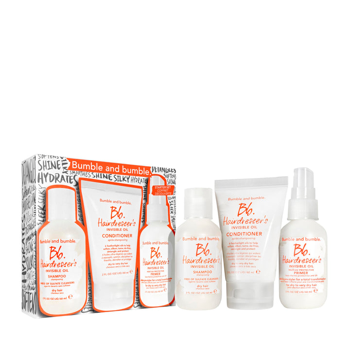 Bumble and bumble front packaging showing travel-size three-piece set and portability benefits