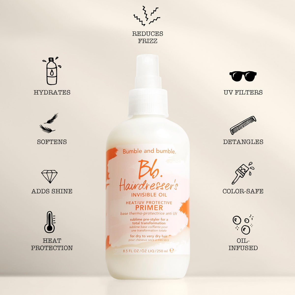 Bumble and bumble shampoo pump close-up highlighting gentle cleansing and hydration benefits