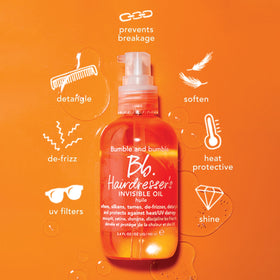 Bumble and bumble travel-size bottle beside passport showing easy carry-on convenience