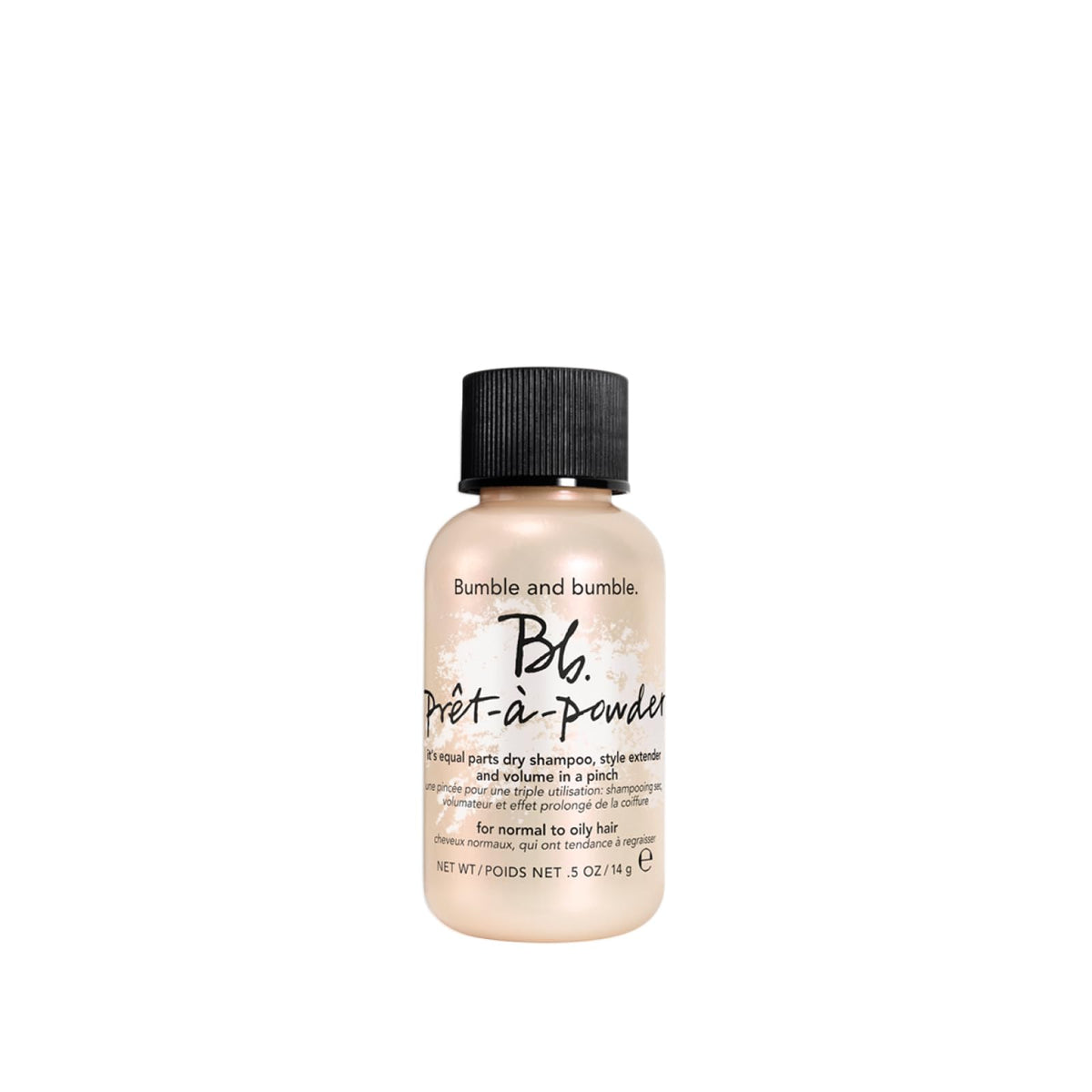 Bumble and bumble. mini pouch front showing compact dry shampoo travel benefit