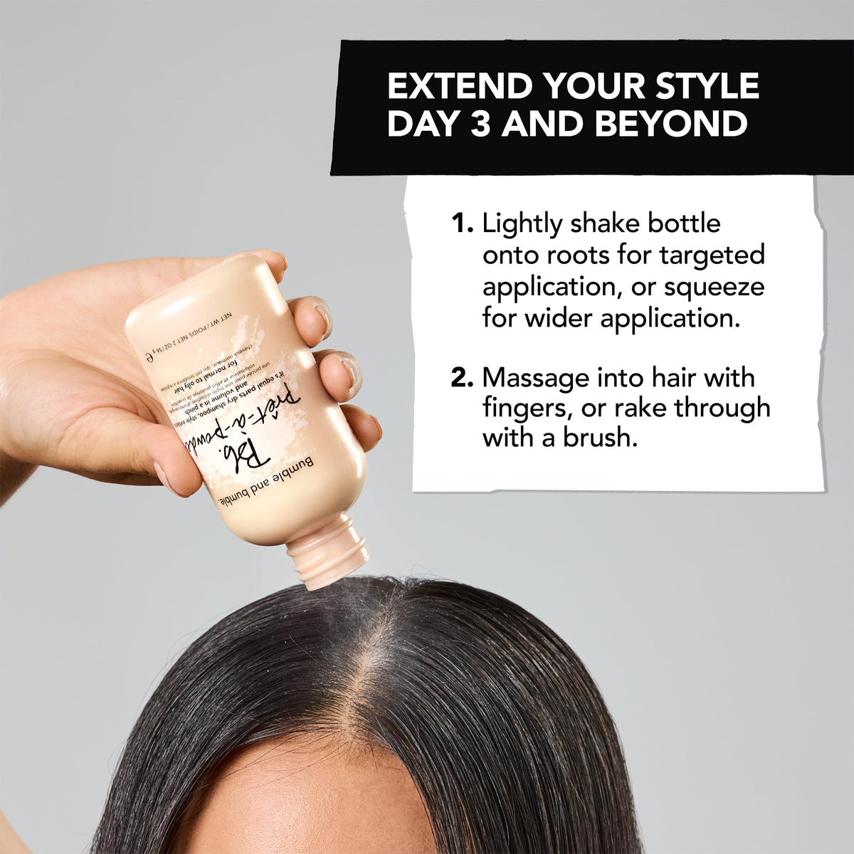 Bumble and bumble. product on bathroom counter styled with brush for daily routine benefit