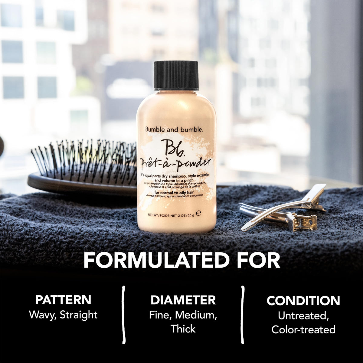Bumble and bumble applied at roots before and after to show added volume benefit
