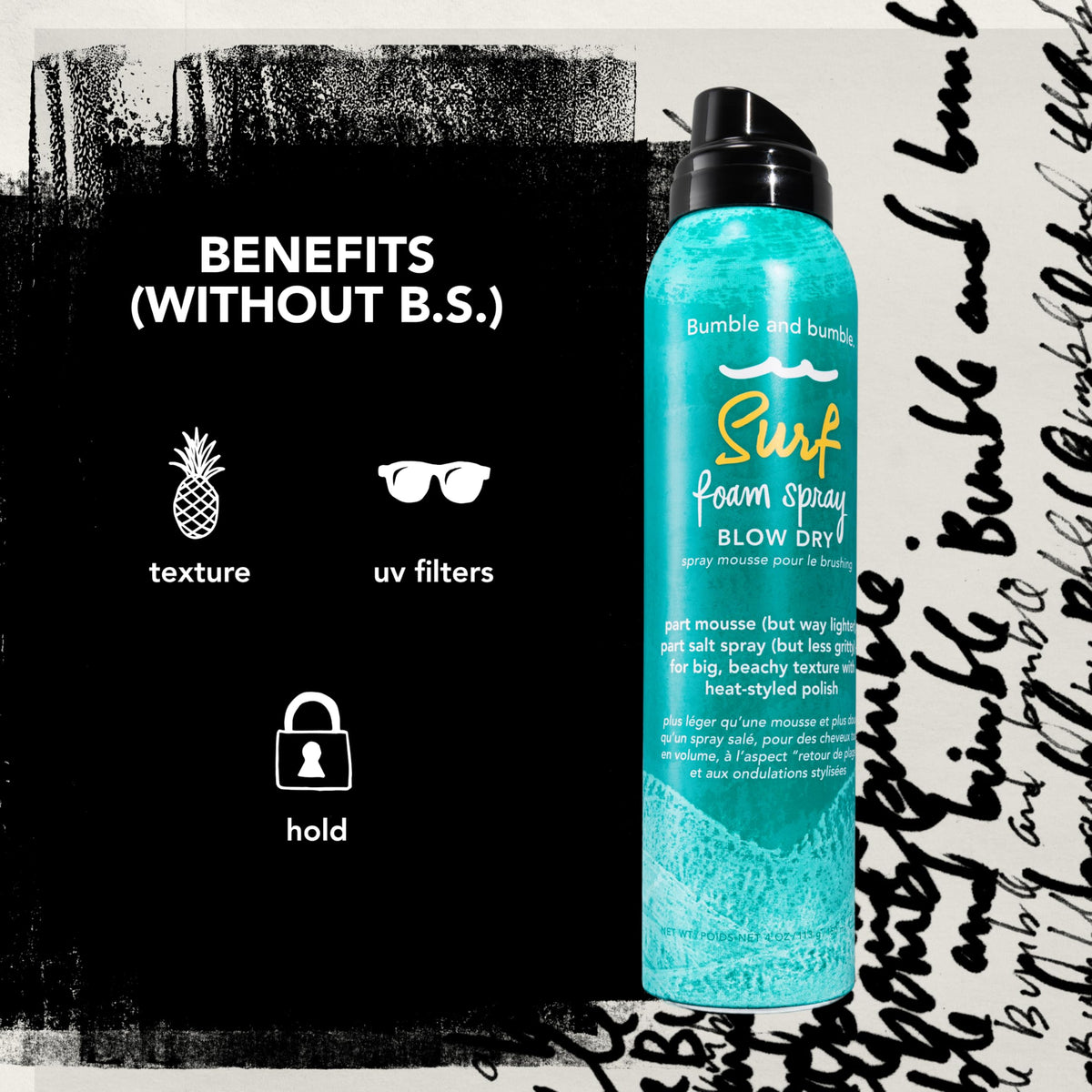 Bumble and bumble spraying foam on damp hair during styling, helps even distribution and lift