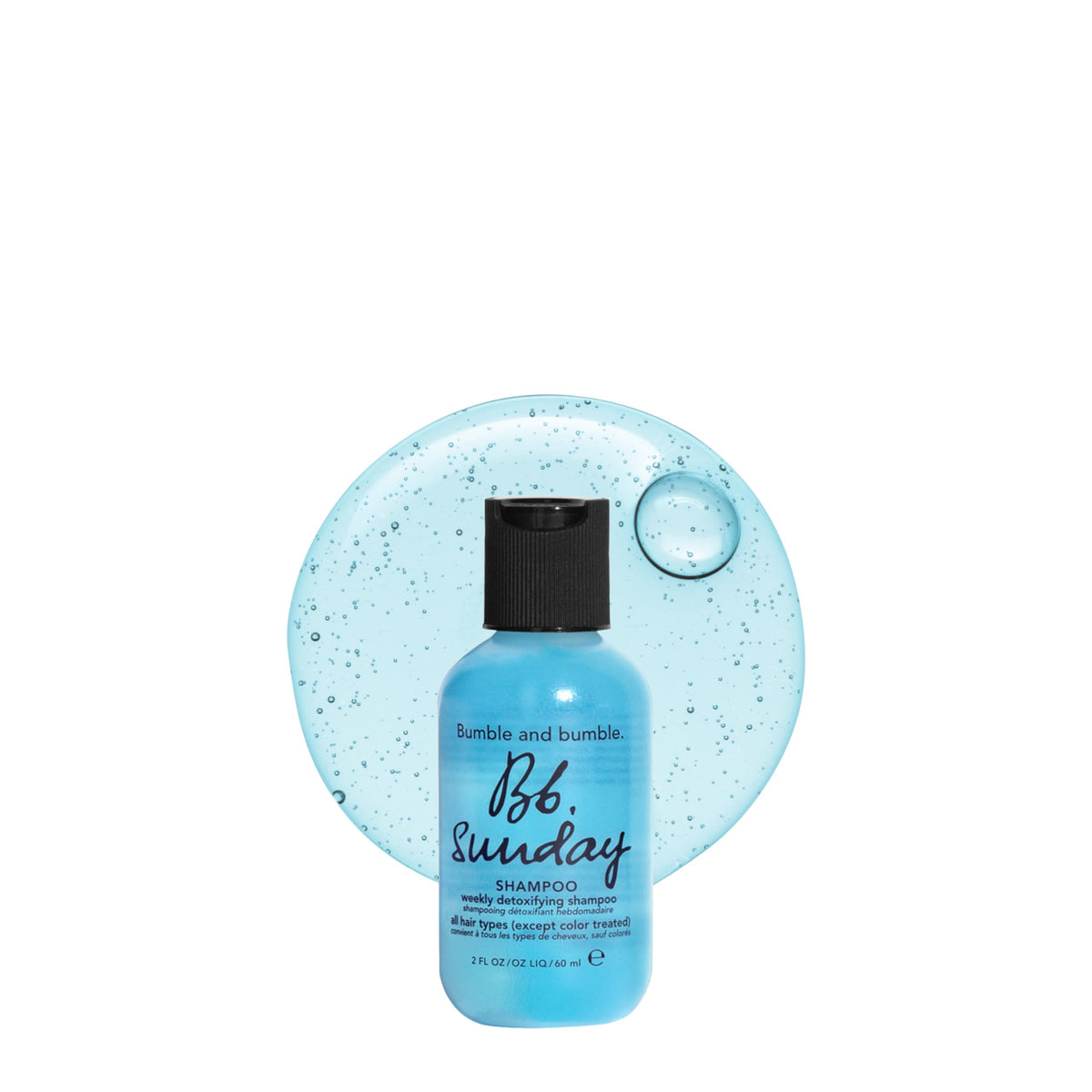 Bumble and bumble front packaging showing travel-size bottle and benefit of portability