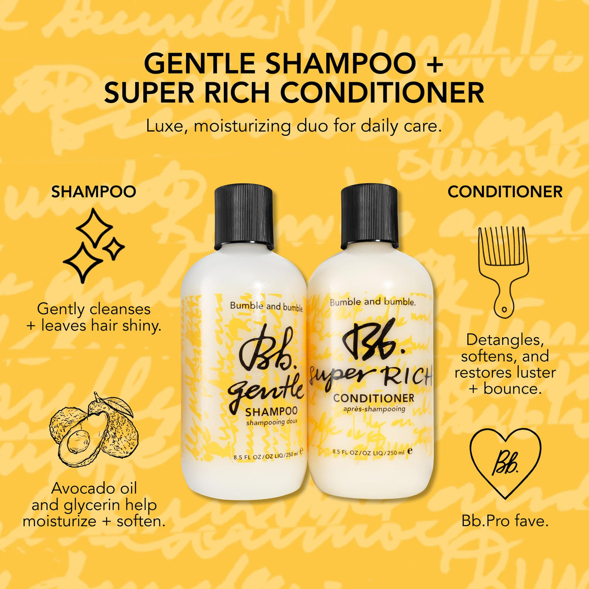 Bumble and bumble. size comparison showing 33.8 fl oz bottle for long-lasting supply