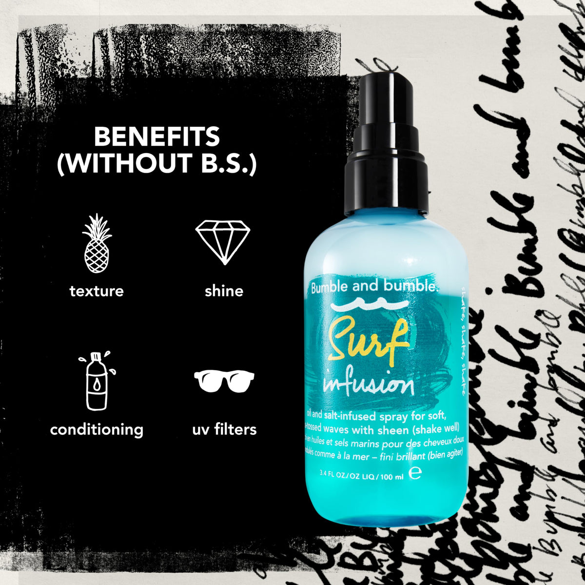 Bumble and bumble label ingredients closeup highlighting sea salt, mineral complex and UV filter benefits